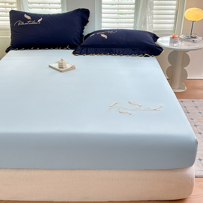 91家纺网 家纺一手货源 找家纺 柔享家（原芷澜家纺） 2025新款法式纯色水洗棉刺绣绣花磨毛床笠汇总（有同款四件套） 天际蓝+藏蓝