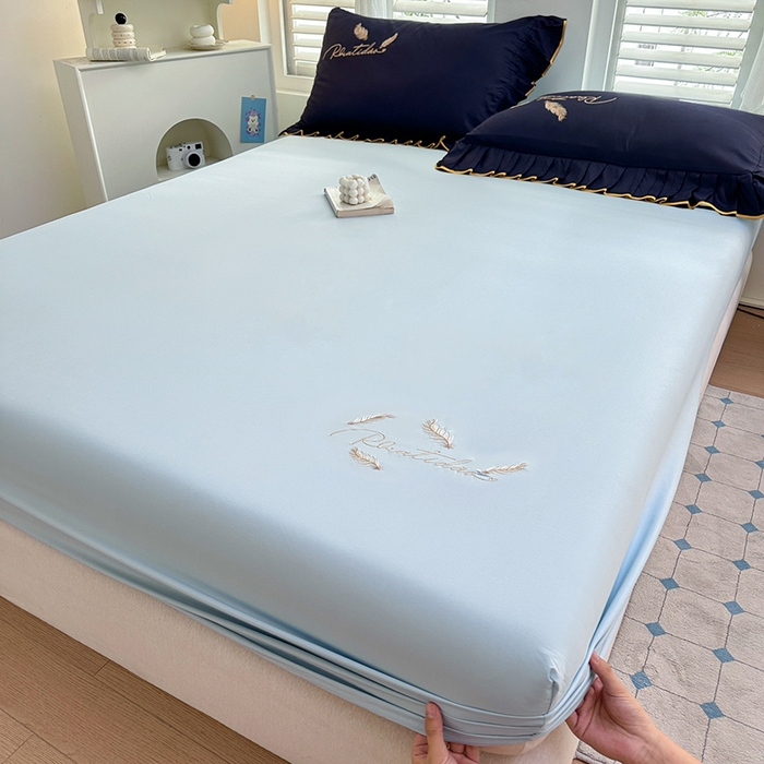 91家纺网 家纺一手货源 找家纺 柔享家（原芷澜家纺） 2025新款法式纯色水洗棉刺绣绣花磨毛床笠汇总（有同款四件套） 天际蓝+藏蓝