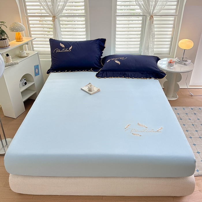 91家纺网 家纺一手货源 找家纺 柔享家（原芷澜家纺） 2025新款法式纯色水洗棉刺绣绣花磨毛床笠汇总（有同款四件套） 天际蓝+藏蓝