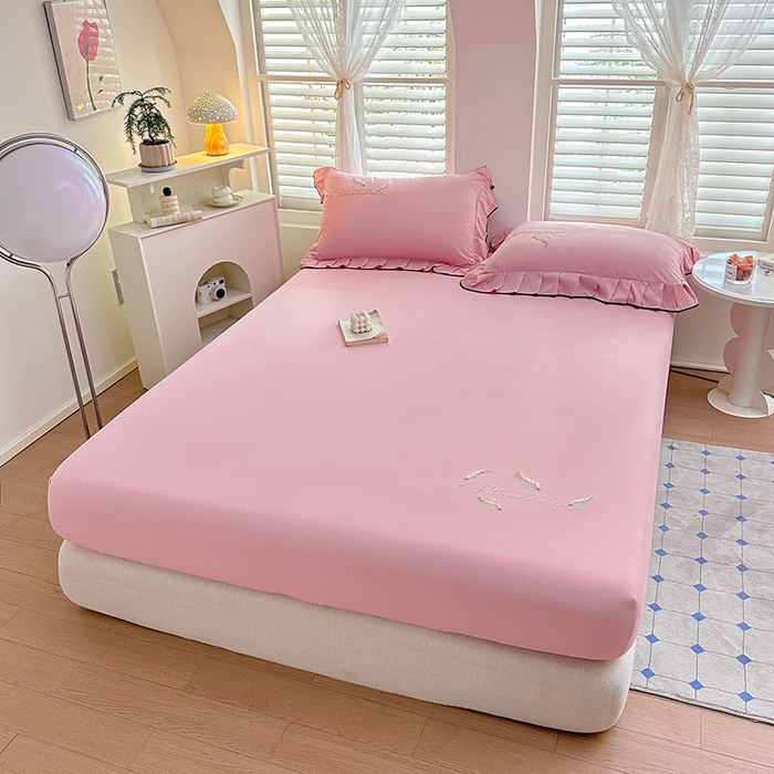 91家纺网 家纺一手货源 找家纺 柔享家（原芷澜家纺） 2025新款法式纯色水洗棉刺绣绣花磨毛床笠汇总（有同款四件套） 粉玉