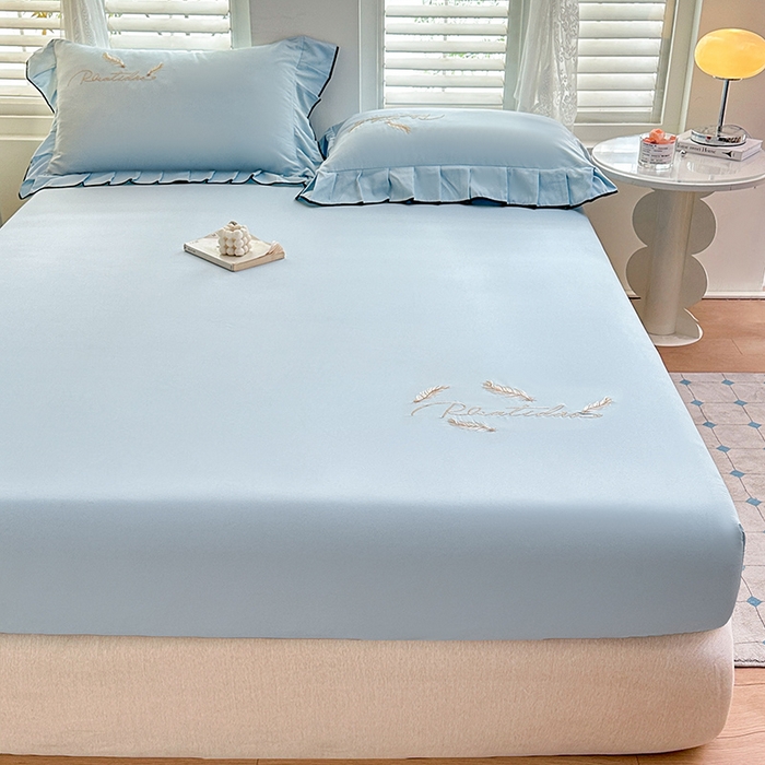 91家纺网 家纺一手货源 找家纺 柔享家（原芷澜家纺） 2025新款法式纯色水洗棉刺绣绣花磨毛床笠汇总（有同款四件套） 天际蓝