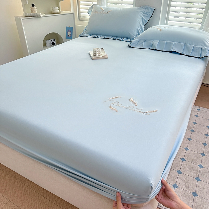 91家纺网 家纺一手货源 找家纺 柔享家（原芷澜家纺） 2025新款法式纯色水洗棉刺绣绣花磨毛床笠汇总（有同款四件套） 天际蓝