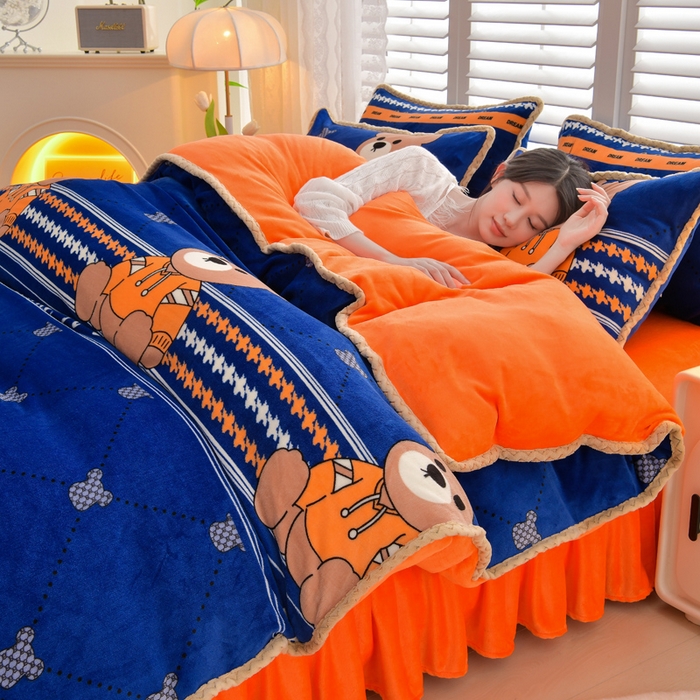 绒耀 2025新款菠萝格牛奶绒四件套 元气小熊