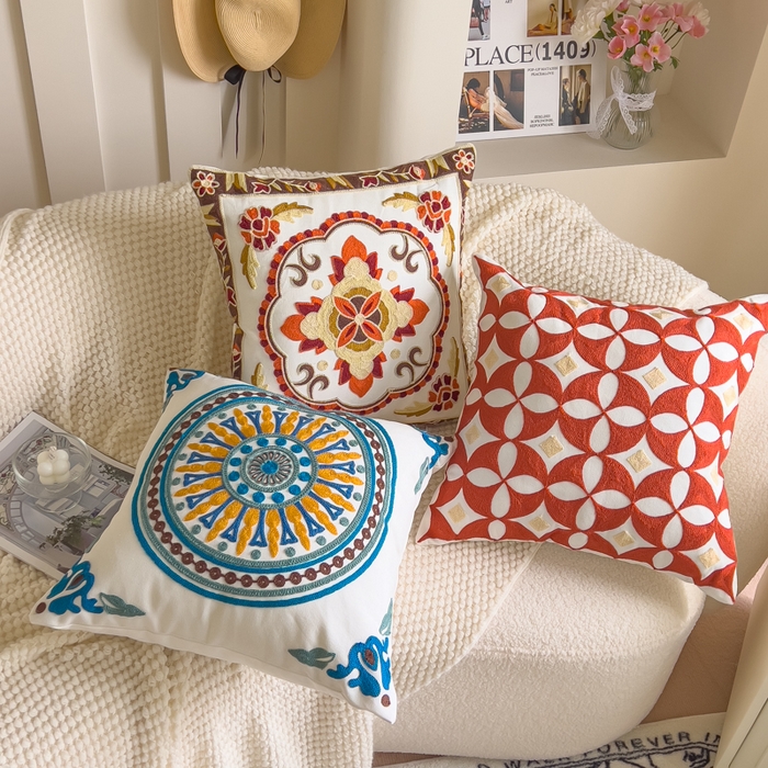 91家纺网 家纺一手货源 找家纺 （总）诺可 2025新款醒春集全棉毛巾绣抱枕枕头枕芯-彩色暖日几何系列