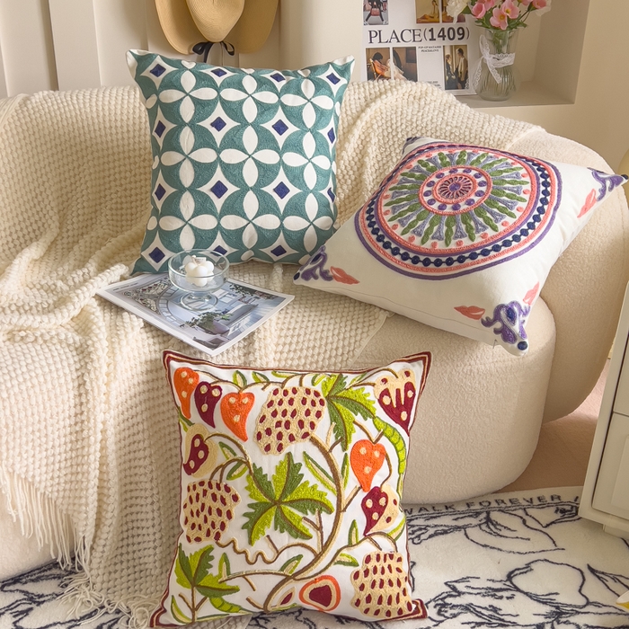 91家纺网 家纺一手货源 找家纺 （总）诺可 2025新款醒春集全棉毛巾绣抱枕枕头枕芯-彩色暖日几何系列