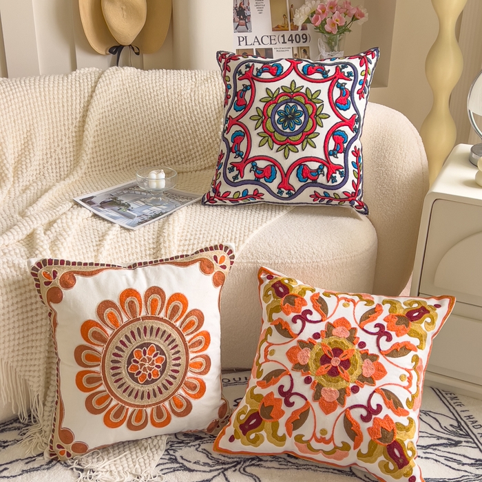 91家纺网 家纺一手货源 找家纺 （总）诺可 2025新款醒春集全棉毛巾绣抱枕枕头枕芯-彩色暖日几何系列