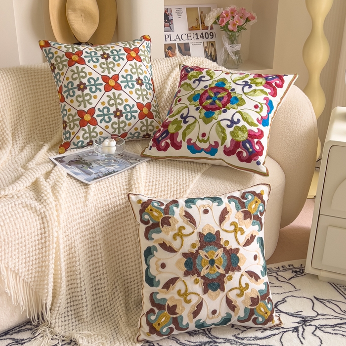 91家纺网 家纺一手货源 找家纺 （总）诺可 2025新款醒春集全棉毛巾绣抱枕枕头枕芯-彩色暖日几何系列