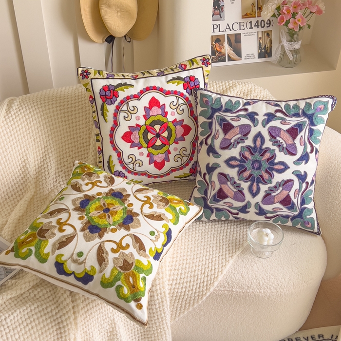 91家纺网 家纺一手货源 找家纺 （总）诺可 2025新款醒春集全棉毛巾绣抱枕枕头枕芯-彩色暖日几何系列