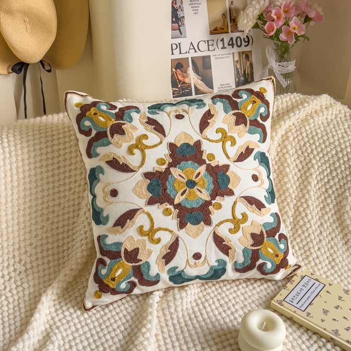 诺可 2025新款醒春集全棉毛巾绣抱枕枕头枕芯-彩色暖日几何系列 画咖-深绿