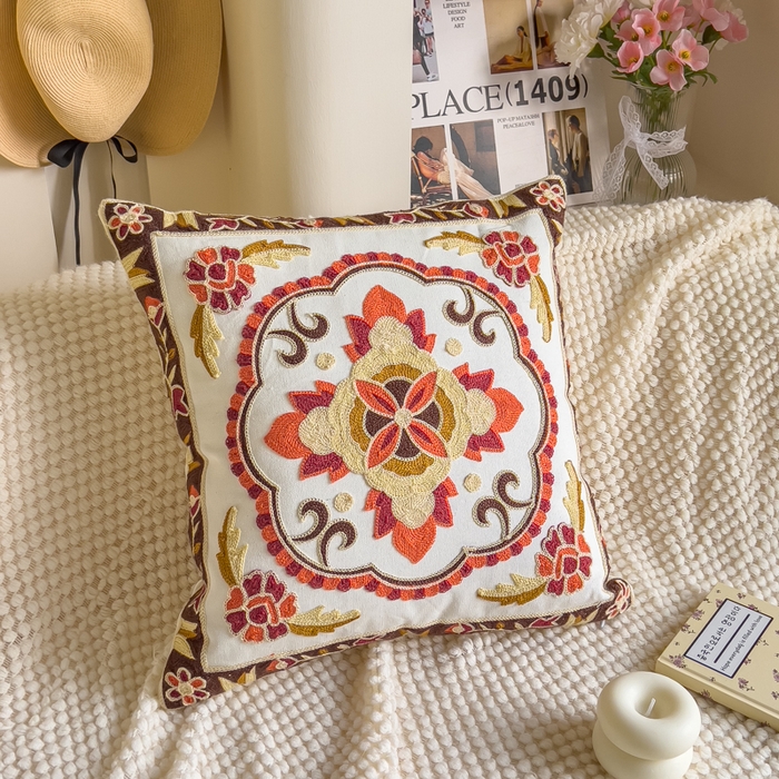 诺可 2025新款醒春集全棉毛巾绣抱枕枕头枕芯-彩色暖日几何系列 澜叶-红