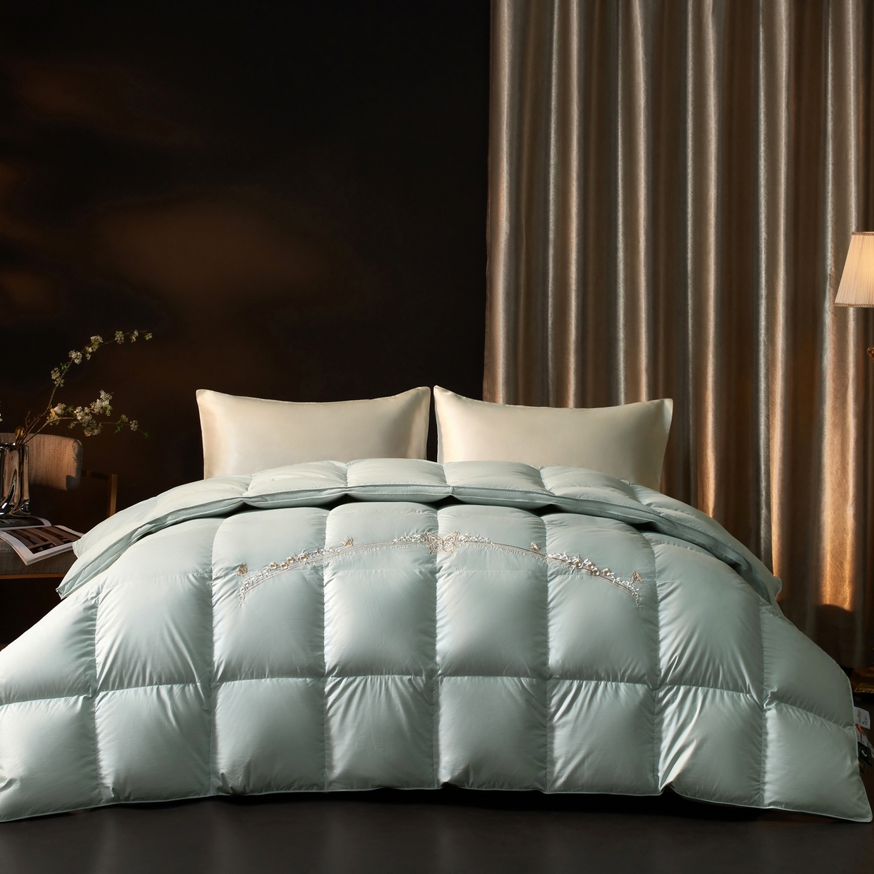 织梦人羽绒工厂店2025新款高蓬松羽绒被85鸭绒大牌同款花型-绣花蝶韵蝶舞 蝶韵-水绿