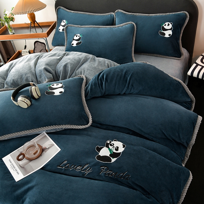 妮恒美 2025新款加厚牛奶绒刺绣四件套-熊猫系列 熊猫-藏蓝