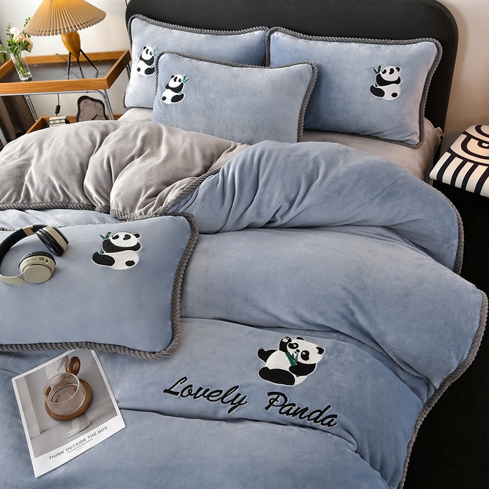 妮恒美 2025新款加厚牛奶绒刺绣四件套-熊猫系列 熊猫-爵士灰