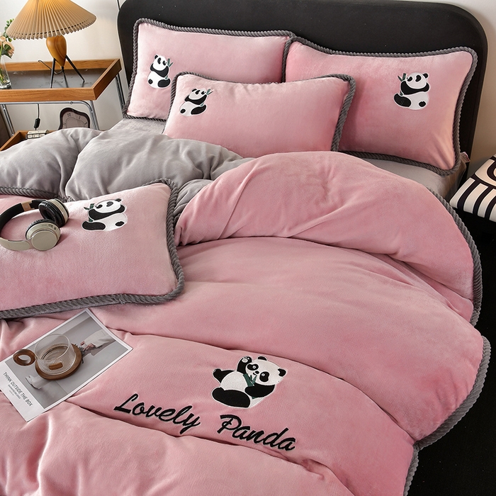 妮恒美 2025新款加厚牛奶绒刺绣四件套-熊猫系列 熊猫-浅豆沙