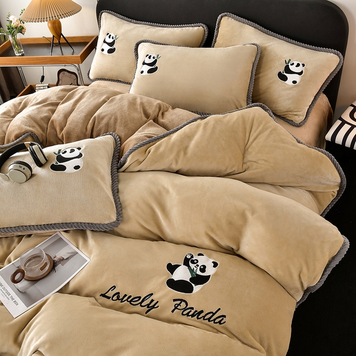 妮恒美 2025新款加厚牛奶绒刺绣四件套-熊猫系列 熊猫-浅咖
