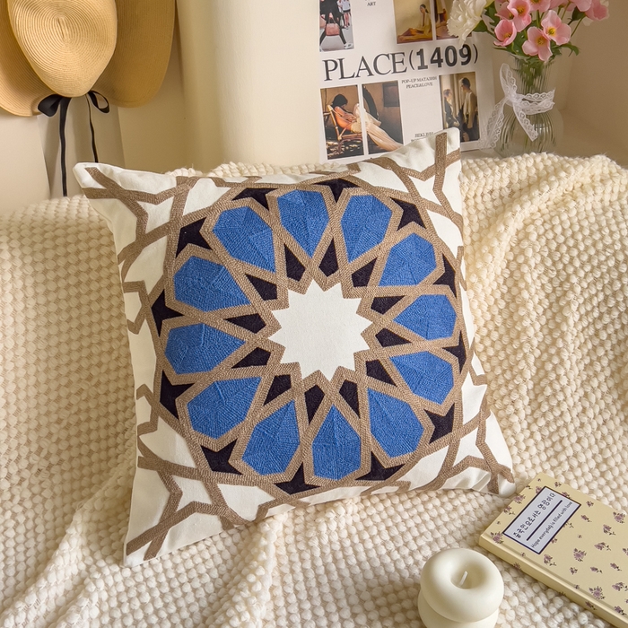 诺可 2025新款醒春集全棉毛巾绣抱枕枕头枕芯-彩色后花园简约系列 几何圆-蓝