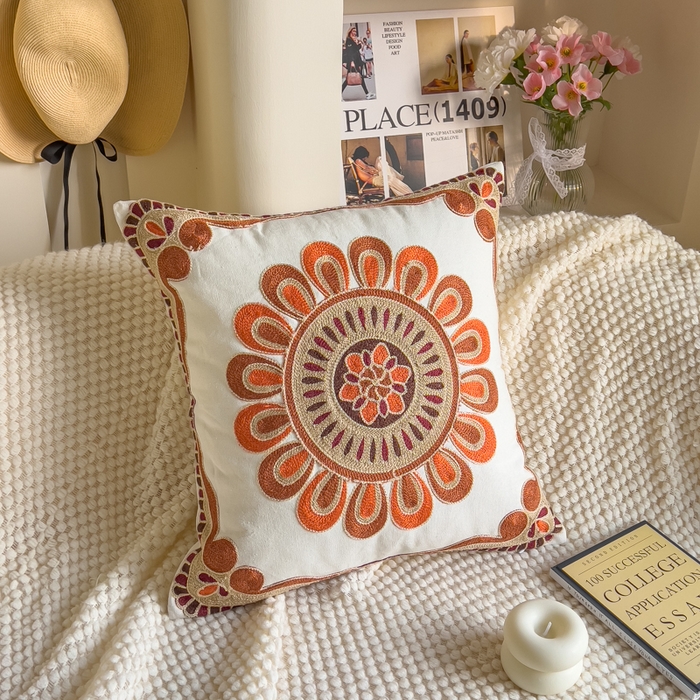 诺可 2025新款醒春集全棉毛巾绣抱枕枕头枕芯-彩色后花园简约系列 太阳花-红