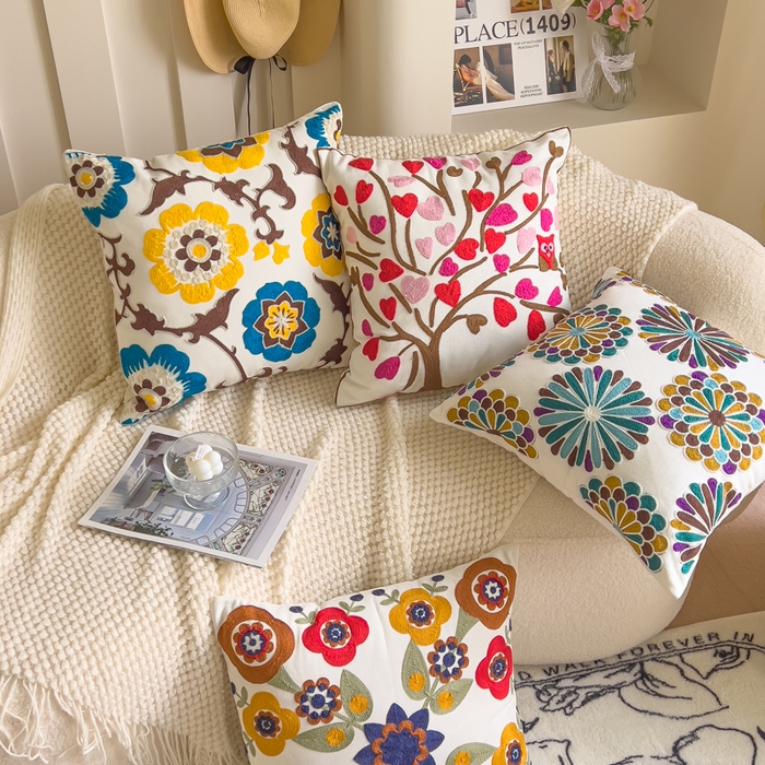 91家纺网 家纺一手货源 找家纺 （总）诺可 2025新款醒春集全棉毛巾绣抱枕枕头枕芯-彩色春日花束系列