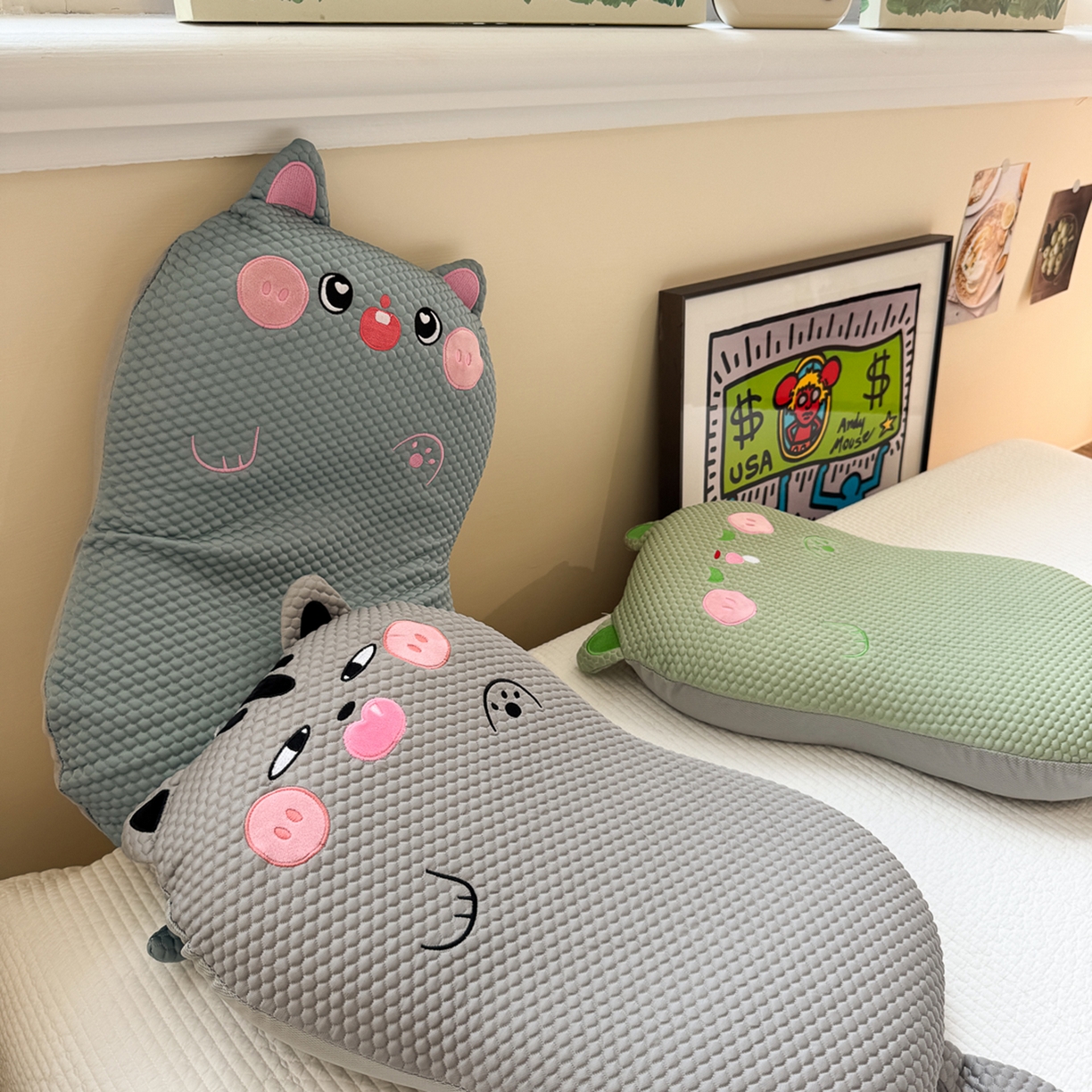 91家纺网 家纺一手货源 找家纺 诺可 2025新款凉感凉豆豆记忆枕猫肚枕枕头枕芯-冰招财猫 组合