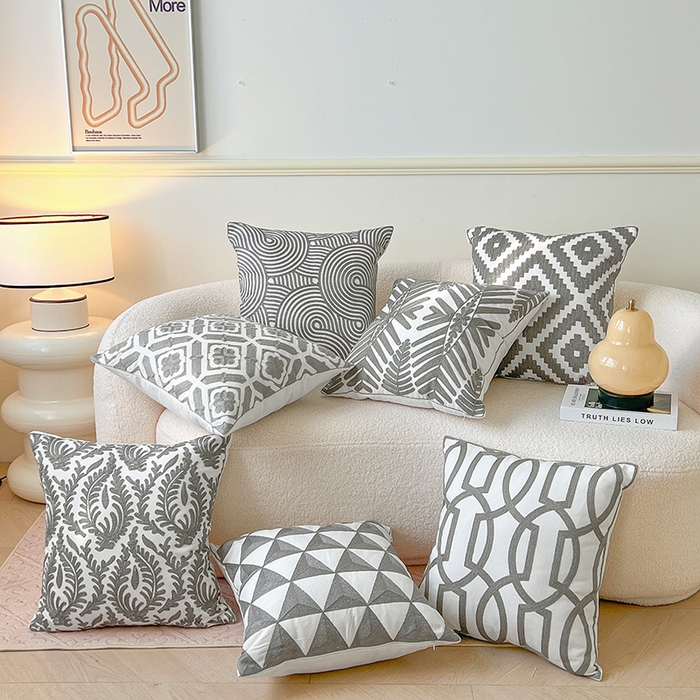 91家纺网 家纺一手货源 找家纺 （总）诺可 2025新款全棉毛巾绣抱枕外贸跨境电商直播纯色几何系列-灰色