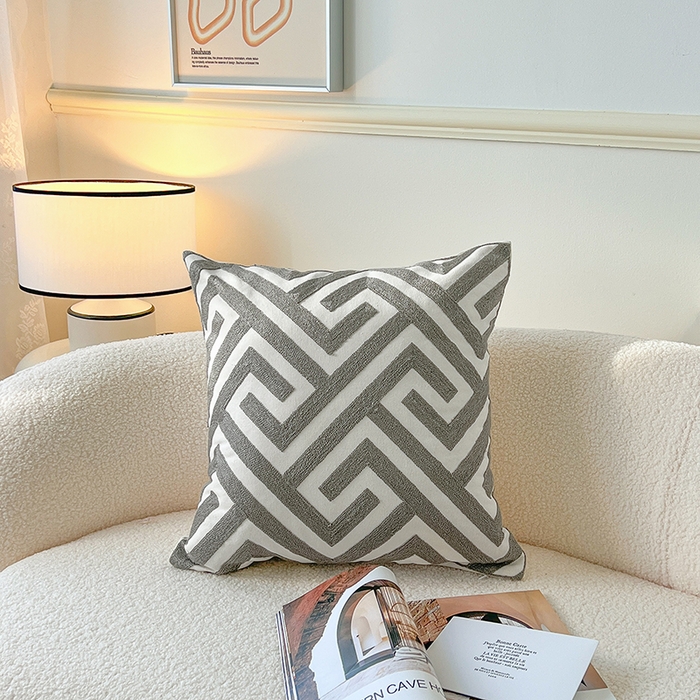 91家纺网 家纺一手货源 找家纺 诺可 2025新款全棉毛巾绣抱枕外贸跨境电商直播纯色几何系列-灰色 灰-几何