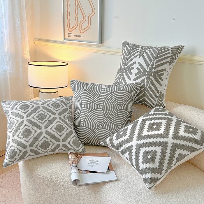 91家纺网 家纺一手货源 找家纺 诺可 2025新款全棉毛巾绣抱枕外贸跨境电商直播纯色几何系列-灰色 组合