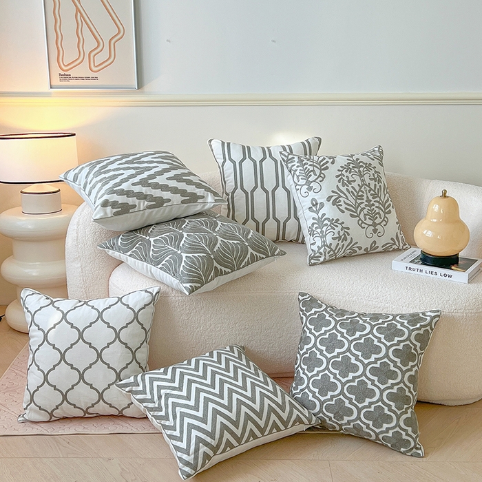 91家纺网 家纺一手货源 找家纺 诺可 2025新款全棉毛巾绣抱枕外贸跨境电商直播纯色几何系列-灰色 组合