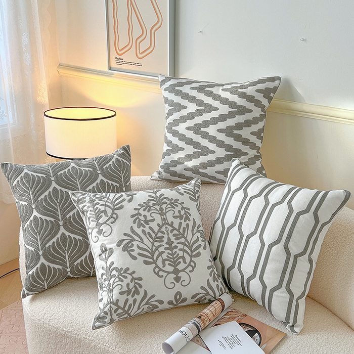 91家纺网 家纺一手货源 找家纺 诺可 2025新款全棉毛巾绣抱枕外贸跨境电商直播纯色几何系列-灰色 组合