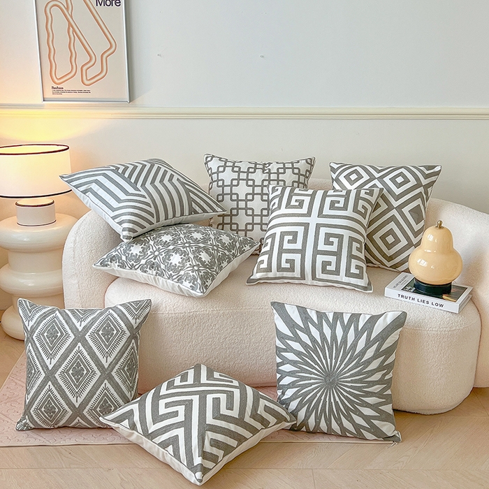 91家纺网 家纺一手货源 找家纺 诺可 2025新款全棉毛巾绣抱枕外贸跨境电商直播纯色几何系列-灰色 组合