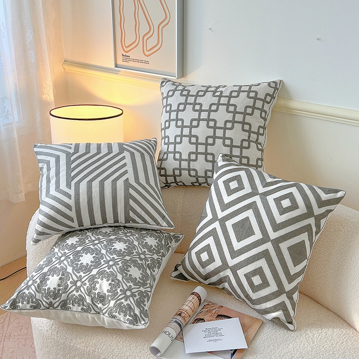 91家纺网 家纺一手货源 找家纺 诺可 2025新款全棉毛巾绣抱枕外贸跨境电商直播纯色几何系列-灰色 组合