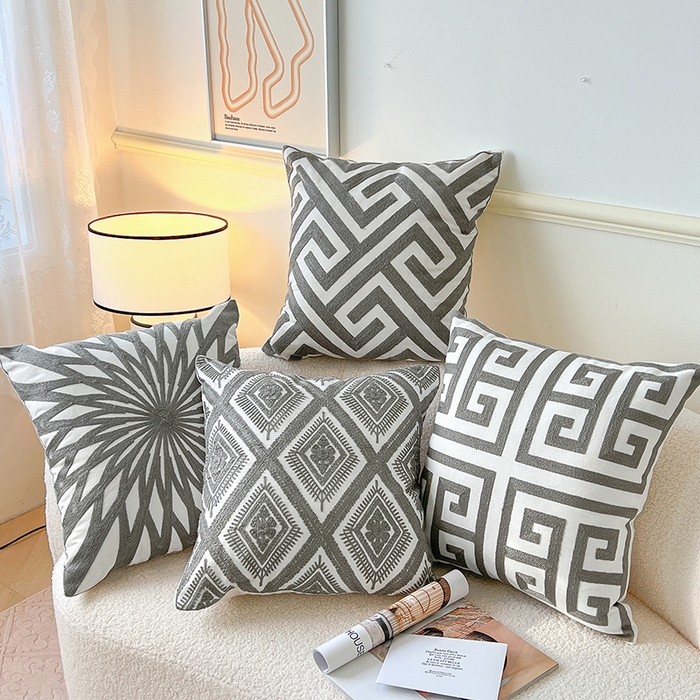 91家纺网 家纺一手货源 找家纺 诺可 2025新款全棉毛巾绣抱枕外贸跨境电商直播纯色几何系列-灰色 组合