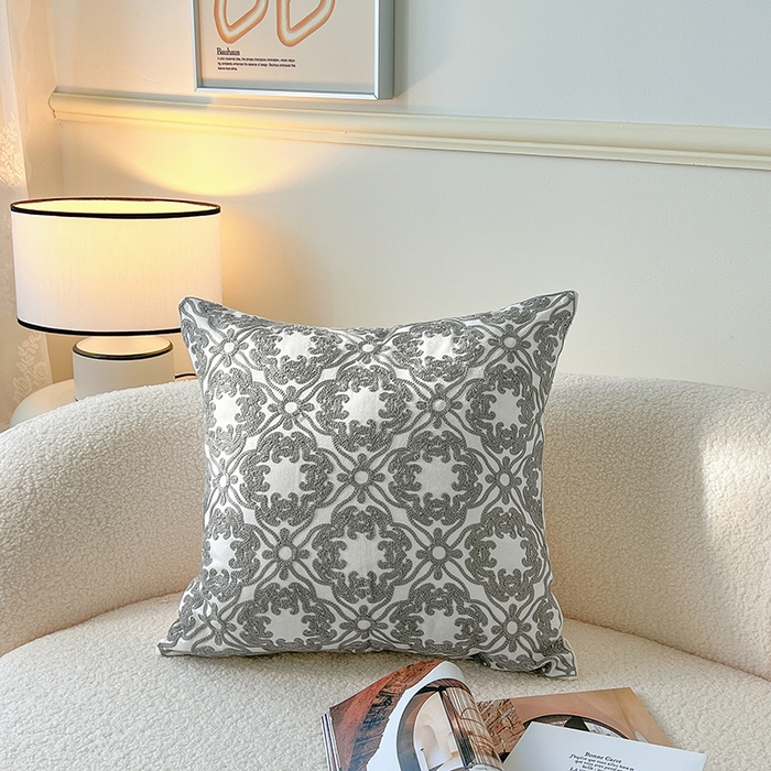 91家纺网 家纺一手货源 找家纺 诺可 2025新款全棉毛巾绣抱枕外贸跨境电商直播纯色几何系列-灰色 灰-团簇