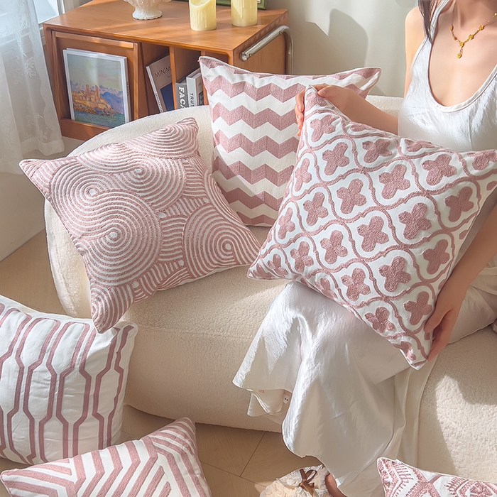 91家纺网 家纺一手货源 找家纺 （总）诺可 2025新款全棉抱枕外贸跨境电商直播纯色几何系列-粉色