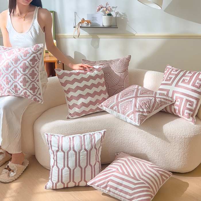 91家纺网 家纺一手货源 找家纺 （总）诺可 2025新款全棉抱枕外贸跨境电商直播纯色几何系列-粉色