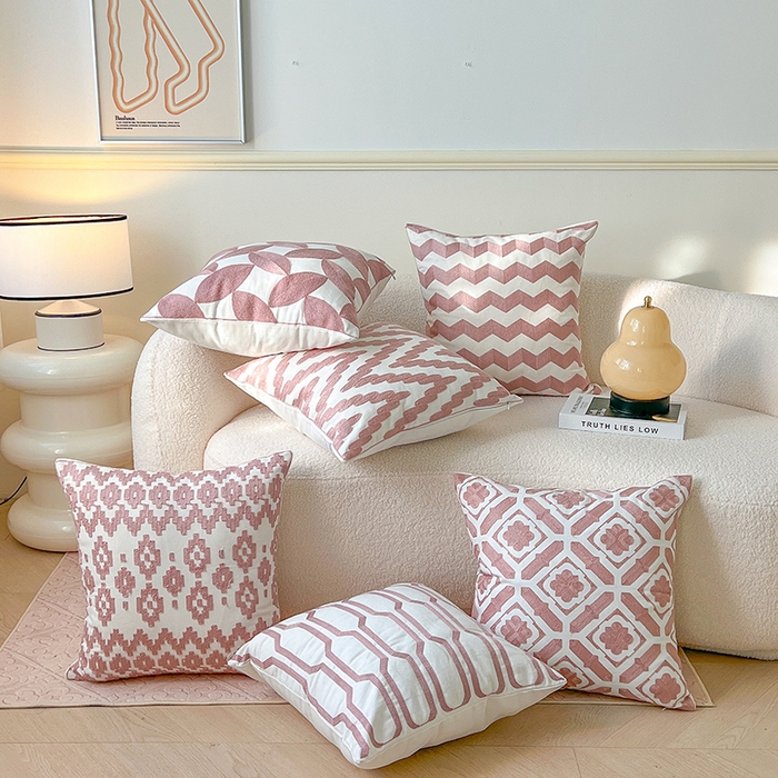 91家纺网 家纺一手货源 找家纺 （总）诺可 2025新款全棉抱枕外贸跨境电商直播纯色几何系列-粉色