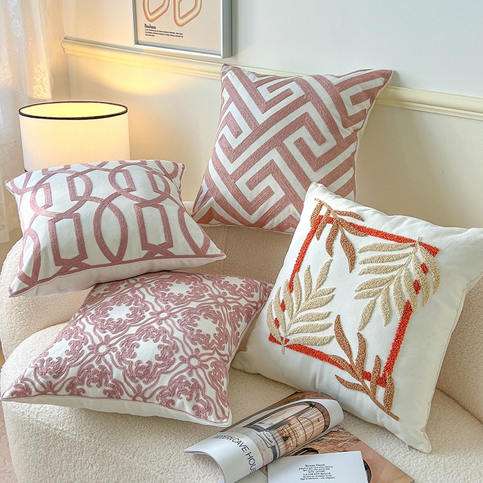 91家纺网 家纺一手货源 找家纺 诺可 2025新款全棉抱枕外贸跨境电商直播纯色几何系列-粉色 组合图仅供参考