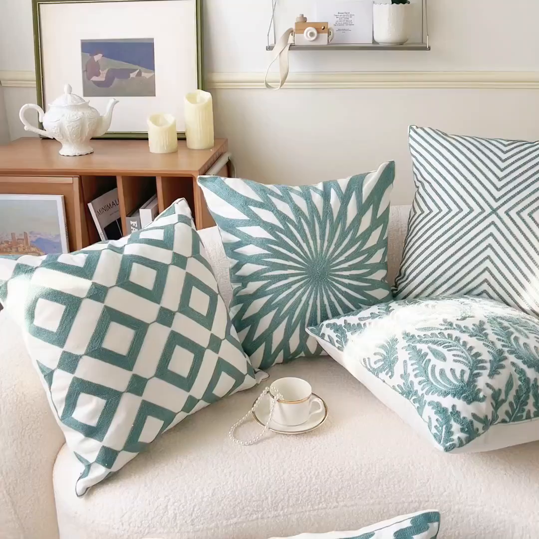 91家纺网 家纺一手货源 找家纺 （总）诺可 2025新款全棉毛巾绣抱枕外贸跨境电商直播纯色几何系列-绿色