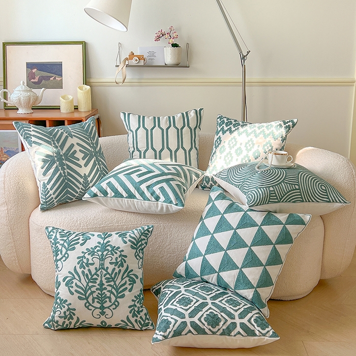 91家纺网 家纺一手货源 找家纺 （总）诺可 2025新款全棉毛巾绣抱枕外贸跨境电商直播纯色几何系列-绿色