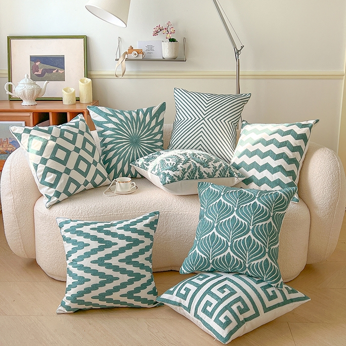 91家纺网 家纺一手货源 找家纺 诺可 2025新款全棉毛巾绣抱枕外贸跨境电商直播纯色几何系列-绿色 组合