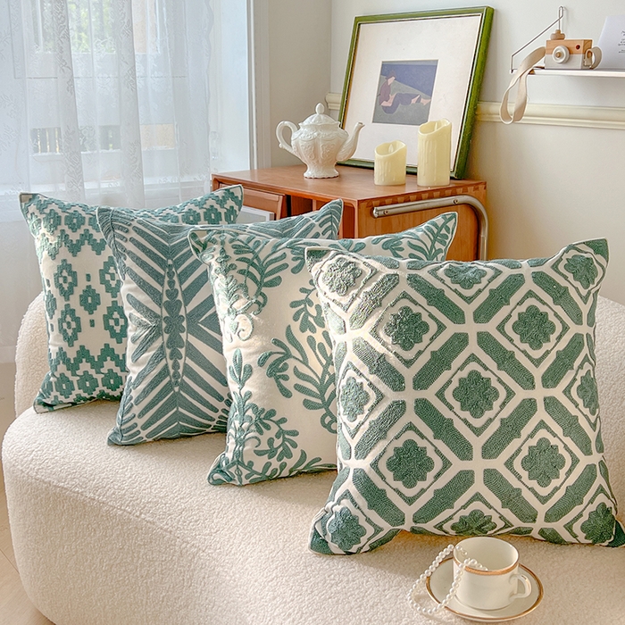 91家纺网 家纺一手货源 找家纺 诺可 2025新款全棉毛巾绣抱枕外贸跨境电商直播纯色几何系列-绿色 组合