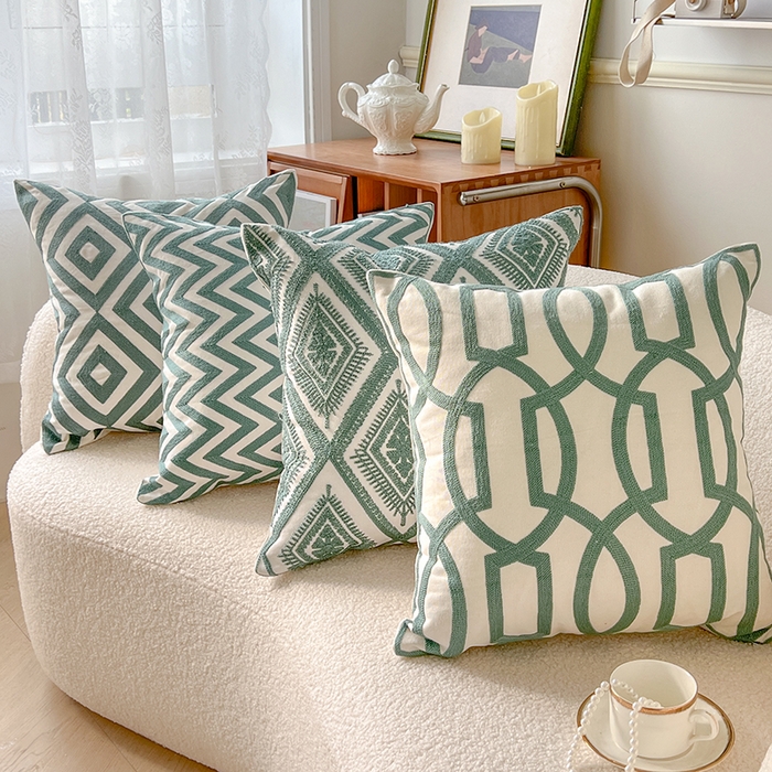 91家纺网 家纺一手货源 找家纺 诺可 2025新款全棉毛巾绣抱枕外贸跨境电商直播纯色几何系列-绿色 组合