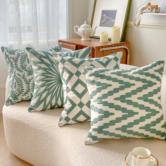 91家纺网 家纺一手货源 找家纺 诺可 2025新款全棉毛巾绣抱枕外贸跨境电商直播纯色几何系列-绿色 组合