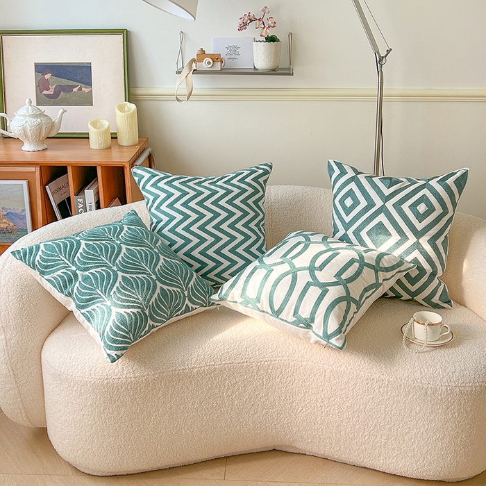 91家纺网 家纺一手货源 找家纺 诺可 2025新款全棉毛巾绣抱枕外贸跨境电商直播纯色几何系列-绿色 组合