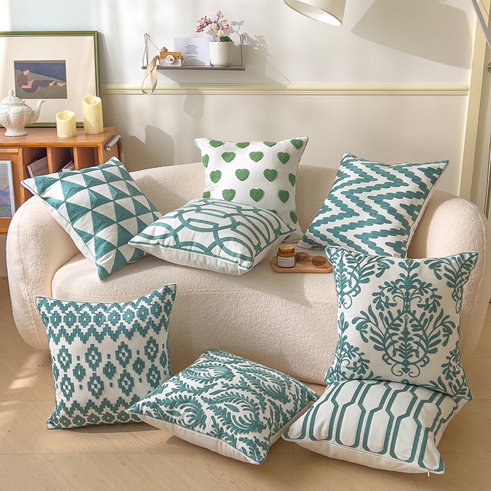 91家纺网 家纺一手货源 找家纺 诺可 2025新款全棉毛巾绣抱枕外贸跨境电商直播纯色几何系列-绿色 组合