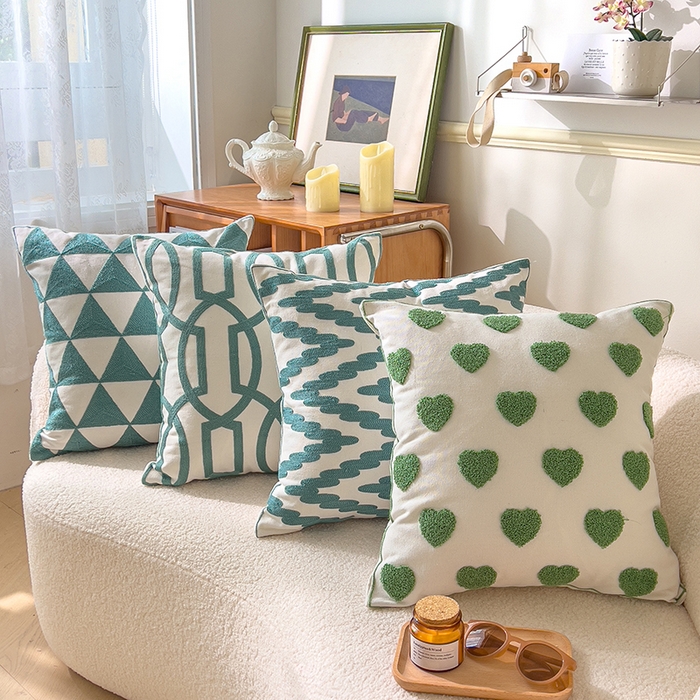 91家纺网 家纺一手货源 找家纺 诺可 2025新款全棉毛巾绣抱枕外贸跨境电商直播纯色几何系列-绿色 组合