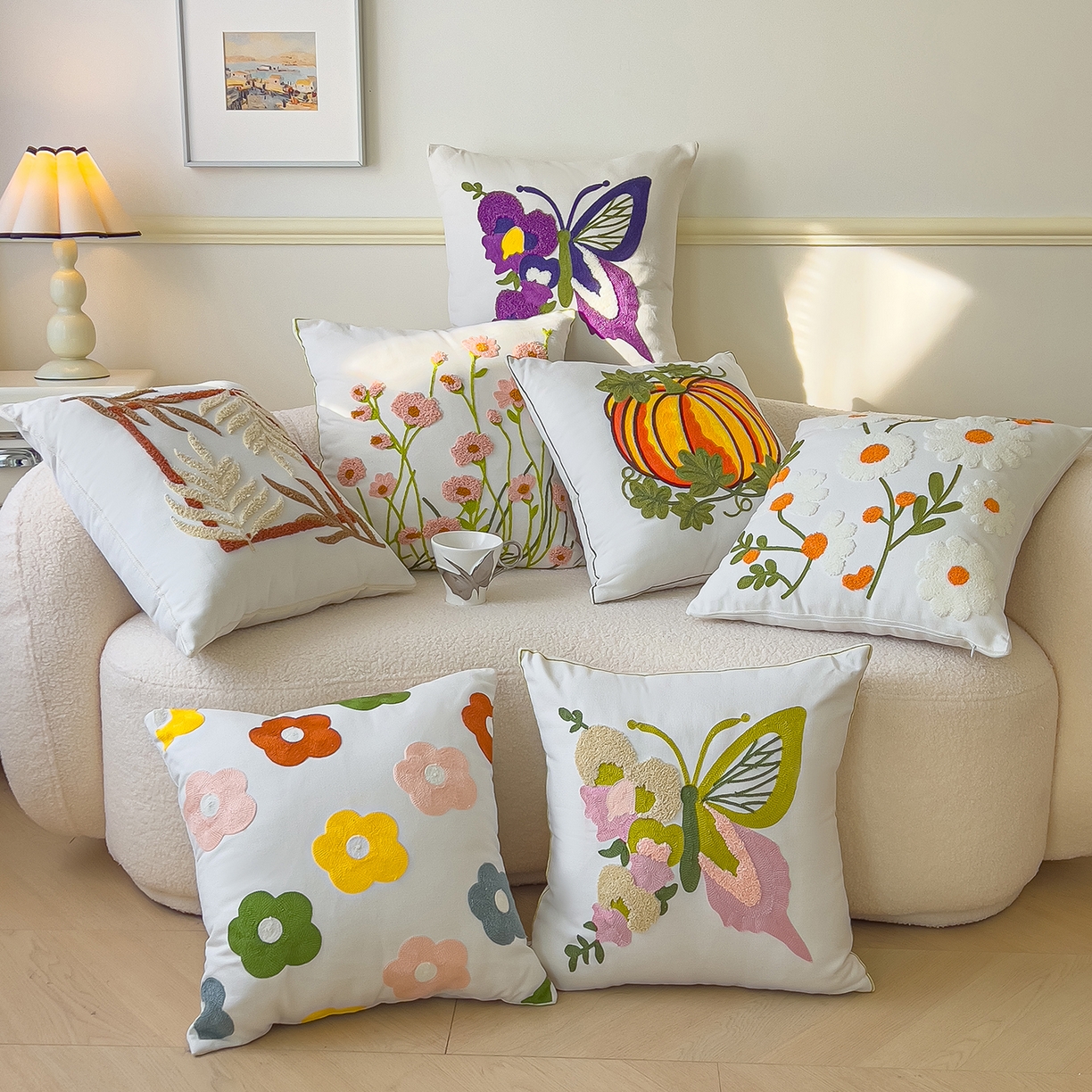 91家纺网 家纺一手货源 找家纺 （总）诺可 2025新款全棉毛巾绣抱枕跨境花物语系列