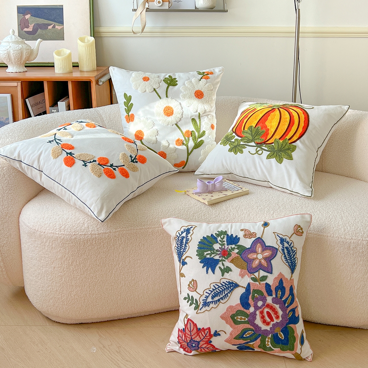 91家纺网 家纺一手货源 找家纺 （总）诺可 2025新款全棉毛巾绣抱枕跨境花物语系列