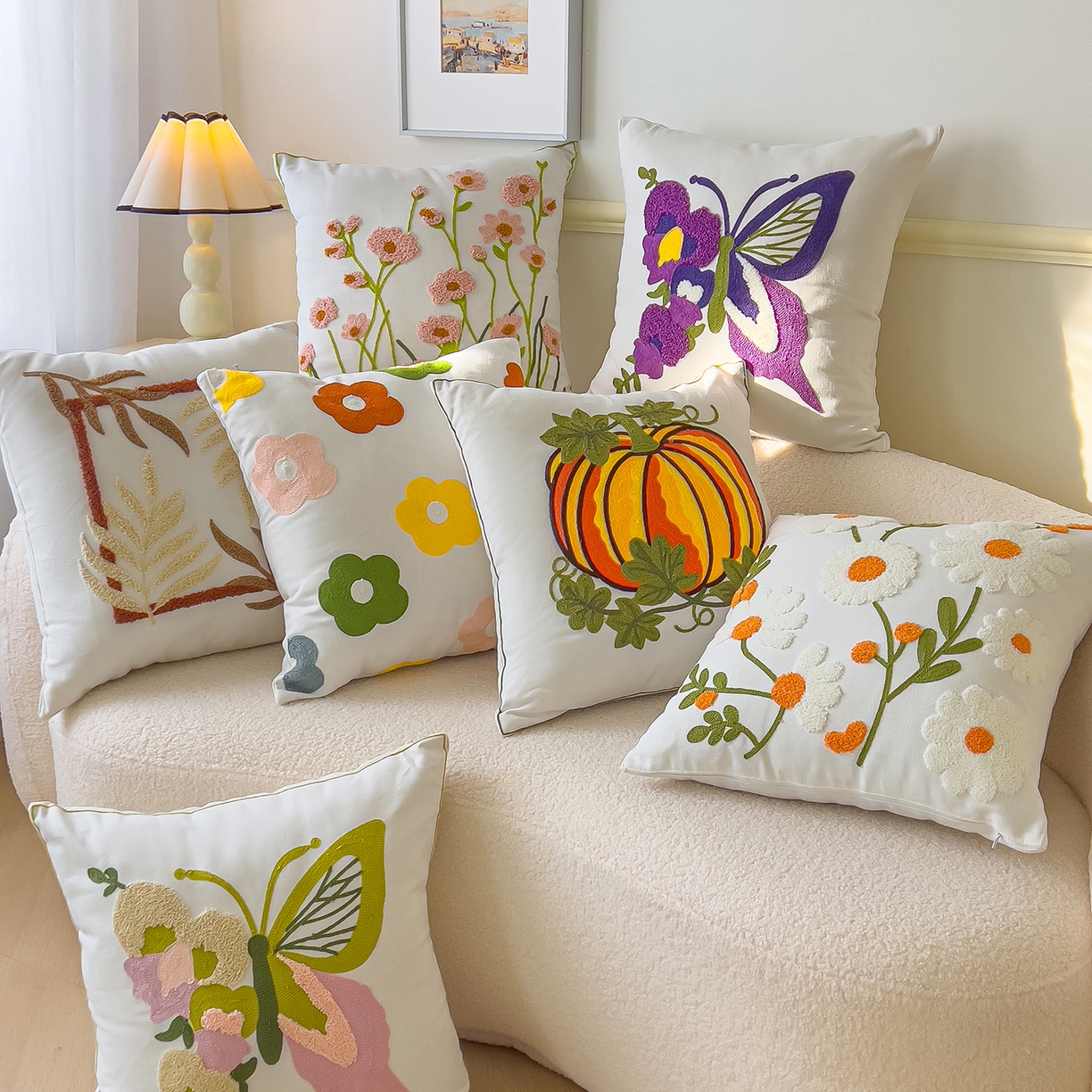 91家纺网 家纺一手货源 找家纺 （总）诺可 2025新款全棉毛巾绣抱枕跨境花物语系列