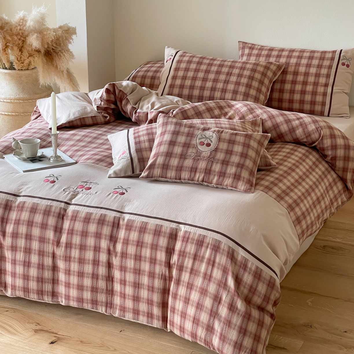 （总）FORTWO2025新款色织双层纱格子绣花拼色四件套