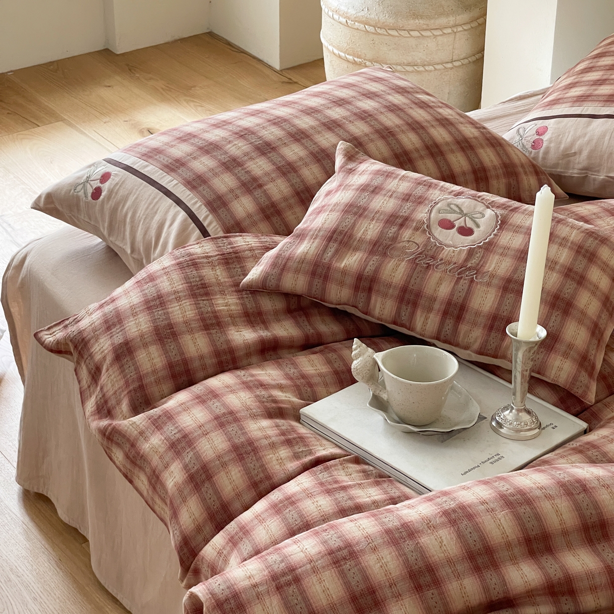 91家纺网 家纺一手货源 找家纺 （总）FORTWO 2025新款色织双层纱格子绣花拼色四件套